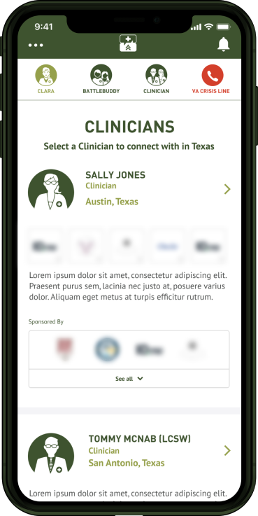 Screenshot displaying how clinicians profiles look like at the Sound Off app