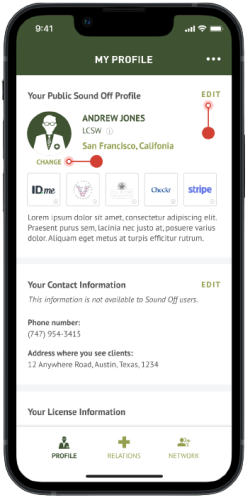 Mobile screenshot showing your Sound Off compensated clinician profile dashboard