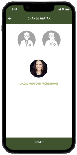 Mobile screenshot showing how to upload your own profile image at your Sound Off compensated clinician account