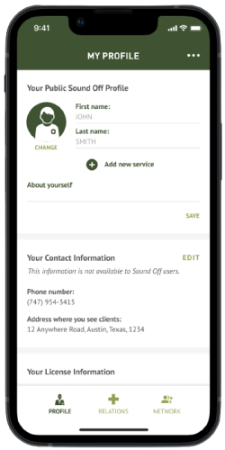 Mobile screenshot showing your Sound Off compensated clinician profile dashboard