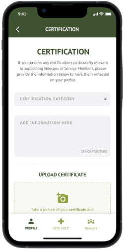 Mobile screenshot showing how upload evidence of completion to the “Certifications” on your Sound Off compensated clinician profile