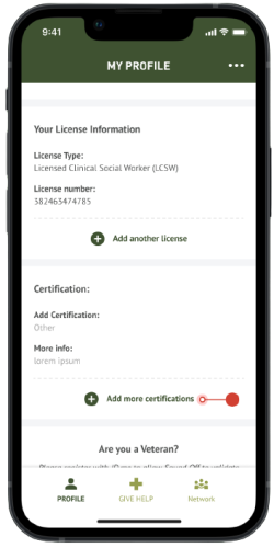Mobile screenshot showing how upload evidence of completion to the “Certifications” on your Sound Off compensated clinician profile