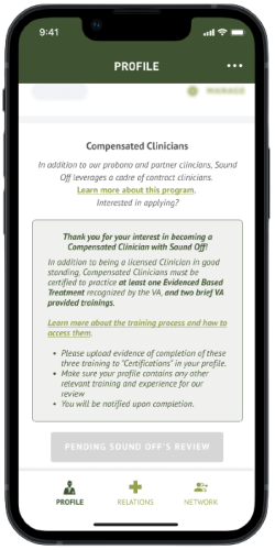 Mobile screenshot with directions for compensated clinicians at Sound Off organization