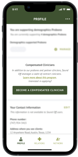 Mobile screenshot to become a compensated clinician at Sound Off organization