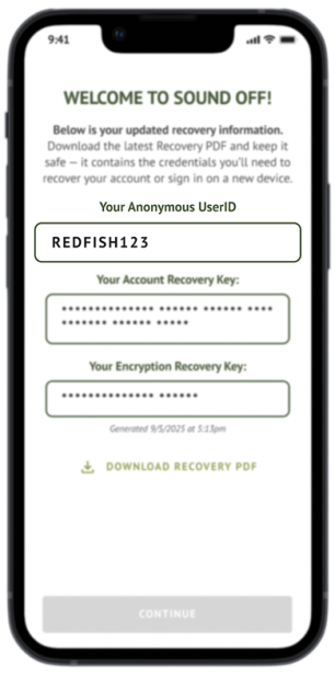 Screenshot showing the user ID screen at Sound Off app